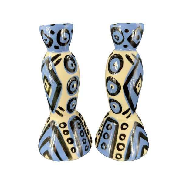 Hand Painted Vintage Pottery Candle Stick Holder Set 2 Signed YCHUK Abstract 2 - Picture 1 of 11